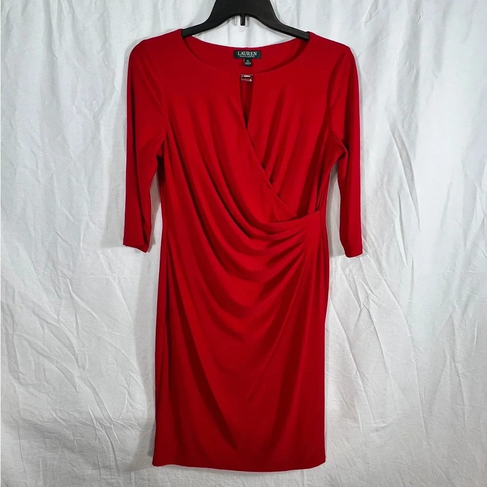 Lauren Ralph Lauren Women Red Ruched Faux Wrap Sheath Dress Sz 14 V Neck Stretch